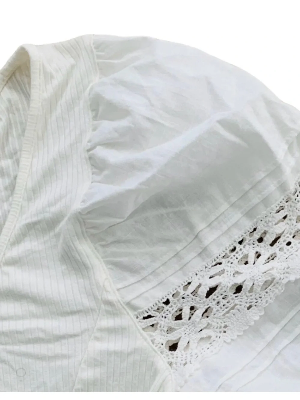 Free People White Puff Sleeve Crochet Inset Top